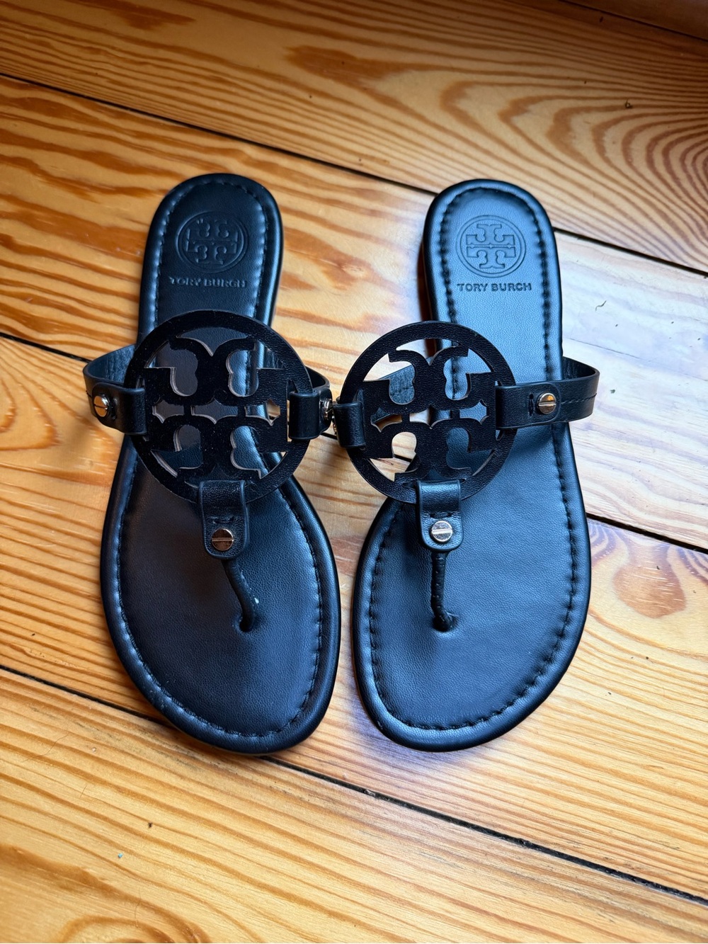 Tory Burch Black Miller Logo Leather Thong Sandals